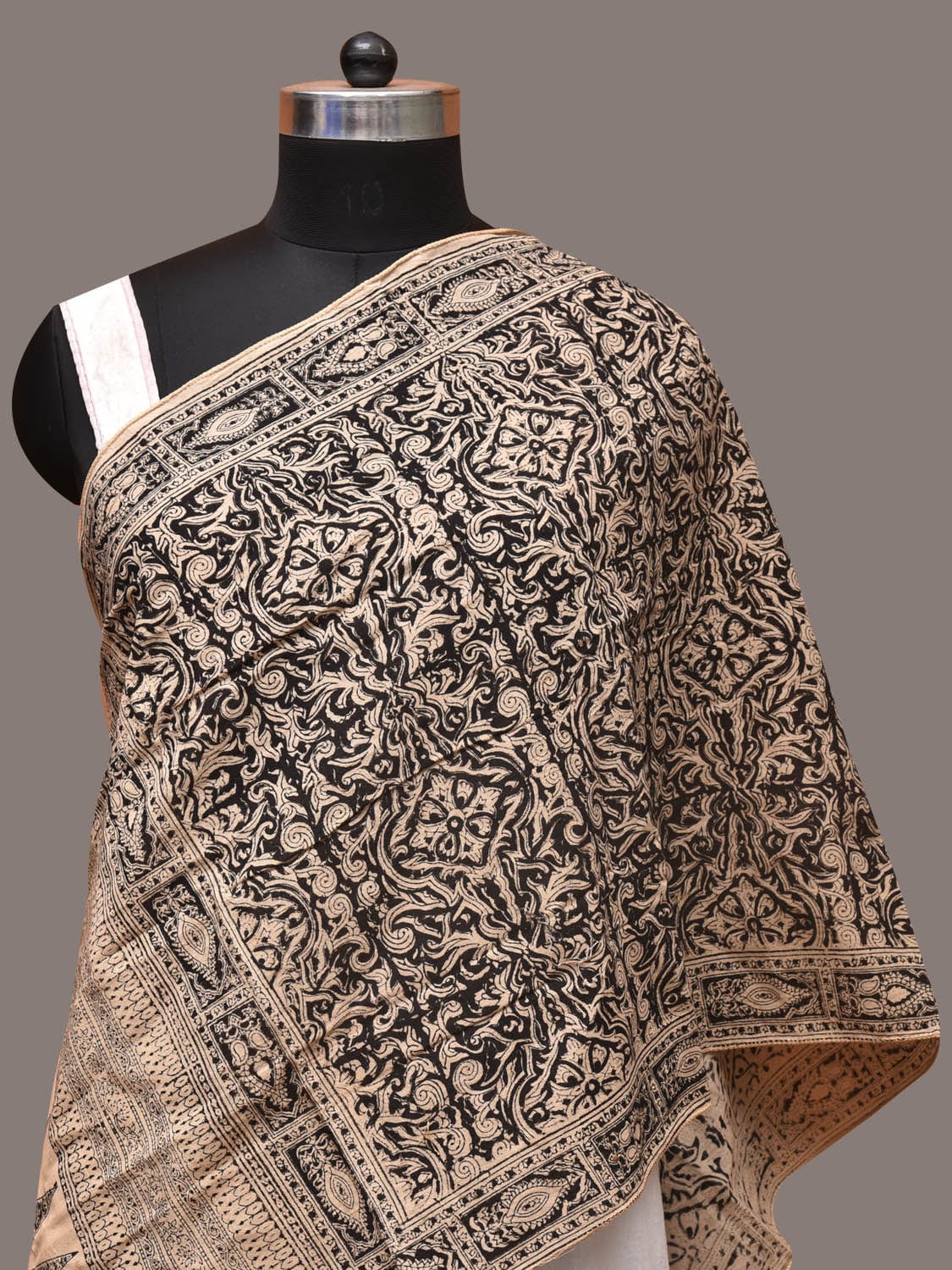 Cream and Black Kalamkari Block Print Cotton Silk Stole with Geometric Design - Global Threads | Grocsy