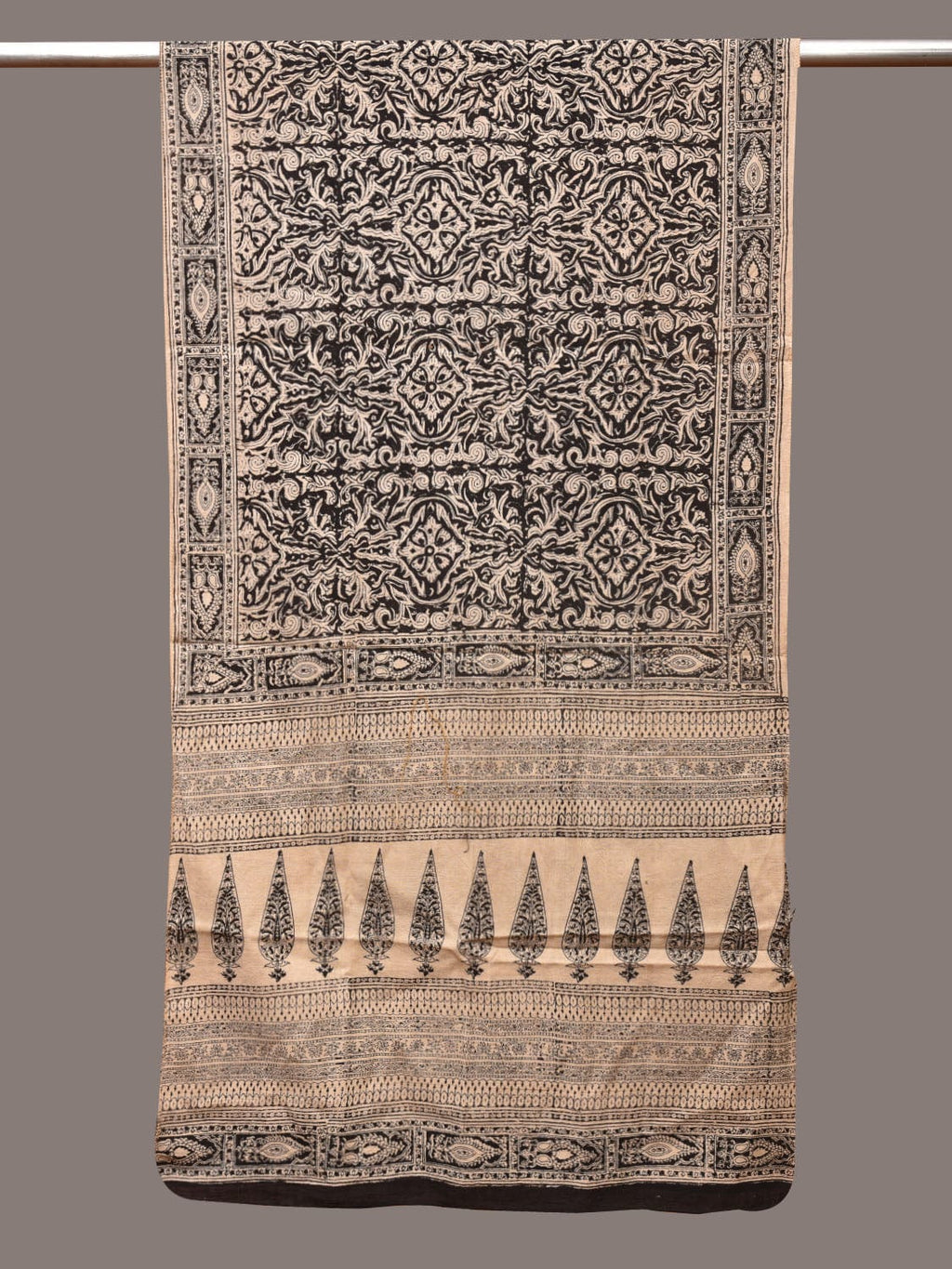 Cream and Black Kalamkari Block Print Cotton Silk Stole with Geometric Design - Global Threads | Grocsy