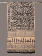Cream and Black Kalamkari Block Print Cotton Silk Stole with Geometric Design - Global Threads | Grocsy