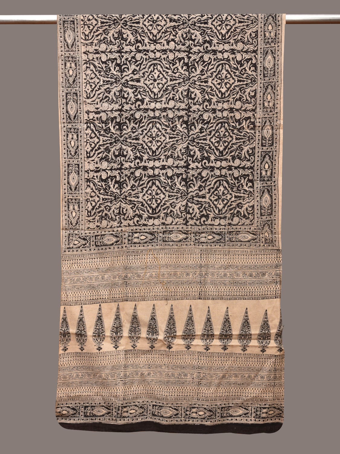 Cream and Black Kalamkari Block Print Cotton Silk Stole with Geometric Design - Global Threads | Grocsy