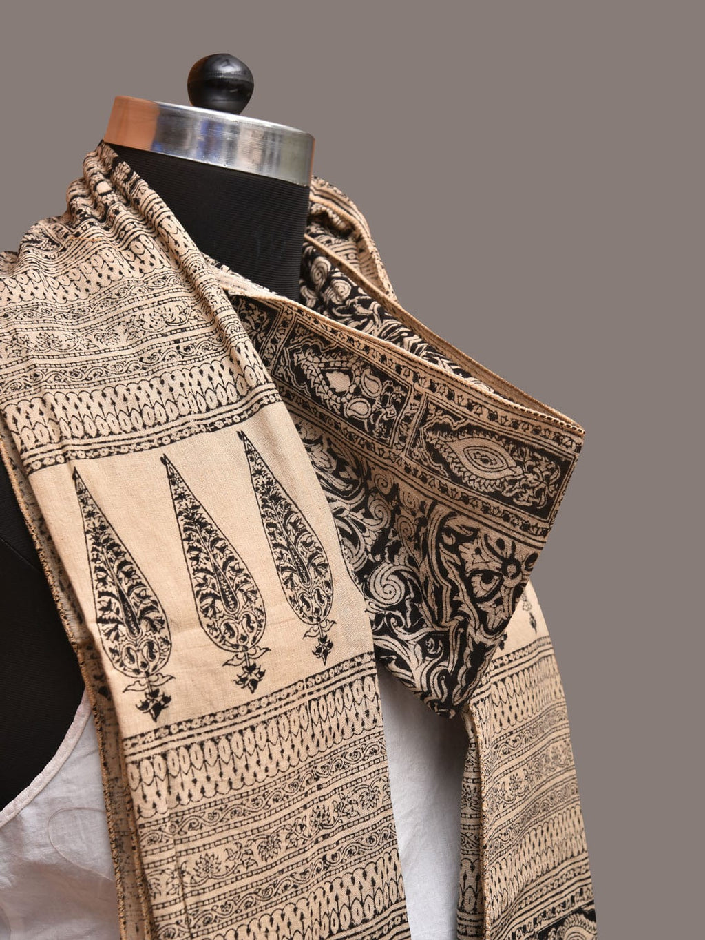 Cream and Black Kalamkari Block Print Cotton Silk Stole with Geometric Design - Global Threads | Grocsy