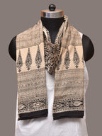 Cream and Black Kalamkari Block Print Cotton Silk Stole with Geometric Design - Global Threads | Grocsy