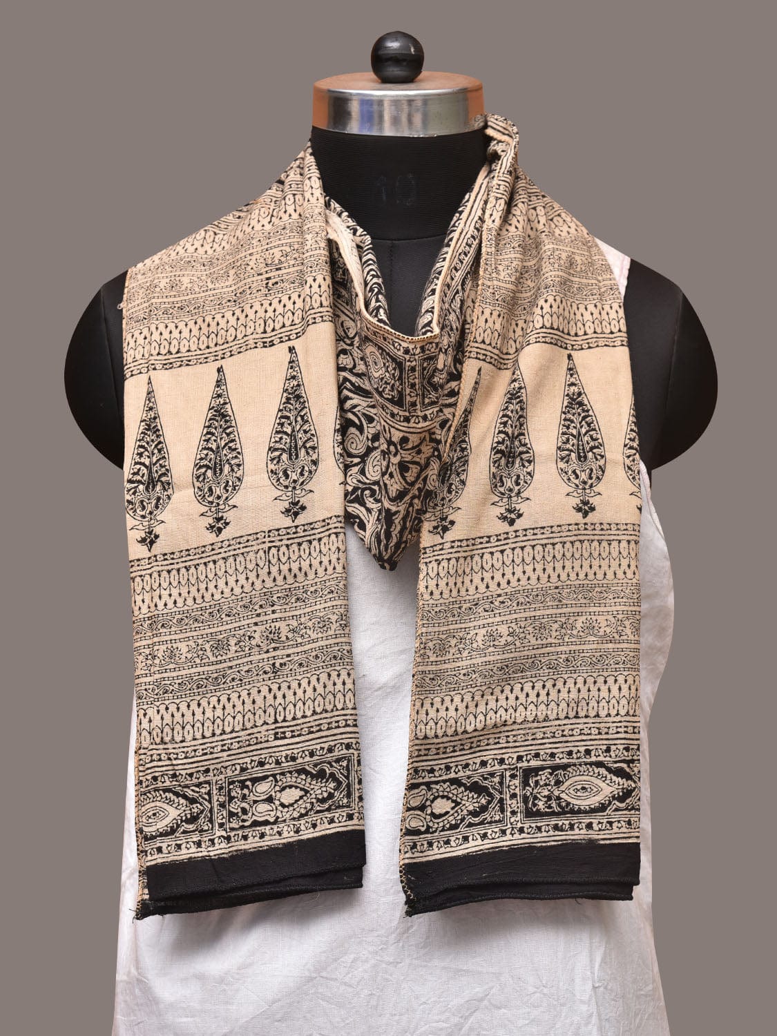 Cream and Black Kalamkari Block Print Cotton Silk Stole with Geometric Design - Global Threads | Grocsy