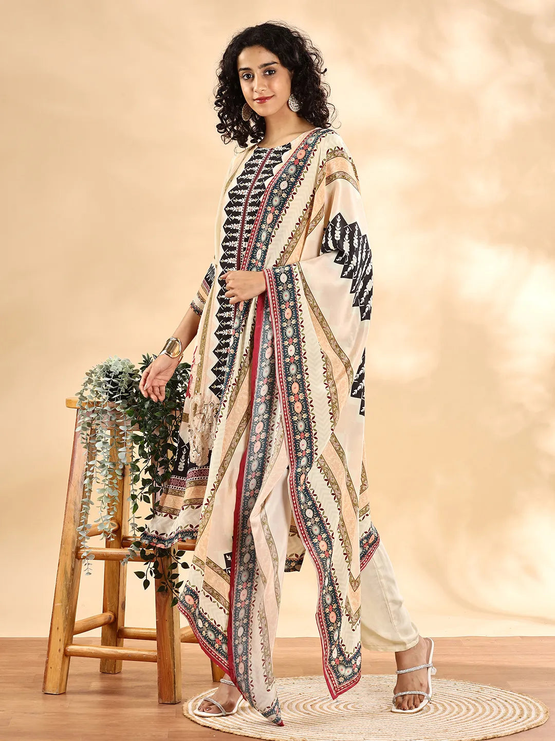 Yufta Cream And Black Pure Silk Sequins Work Straight Kurta Dupatta Pant Set | Grocsy