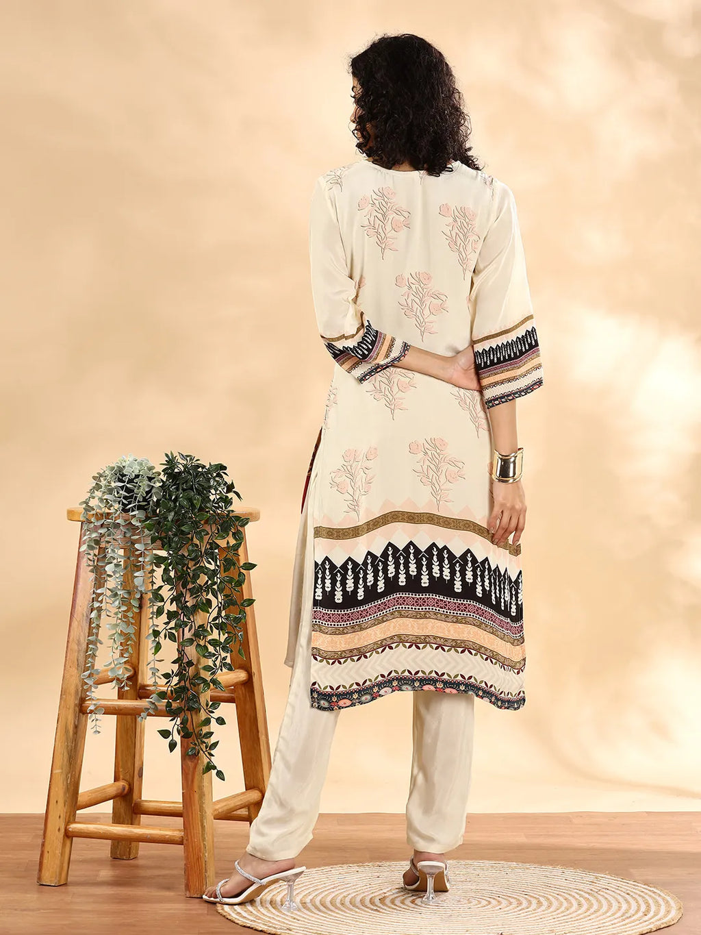 Yufta Cream And Black Pure Silk Sequins Work Straight Kurta Dupatta Pant Set | Grocsy