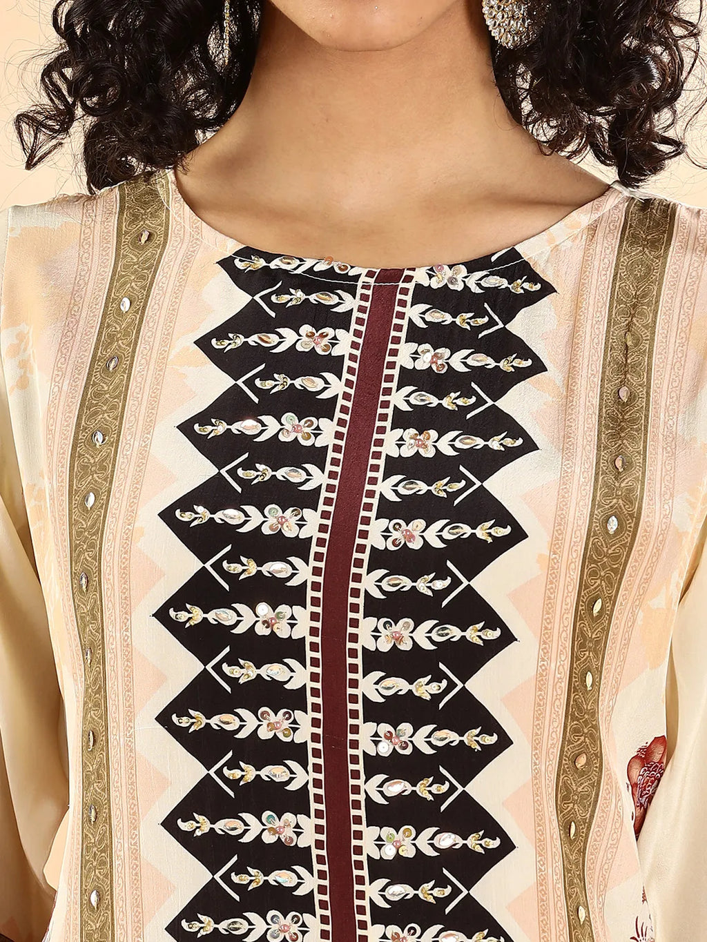 Yufta Cream And Black Pure Silk Sequins Work Straight Kurta Dupatta Pant Set | Grocsy
