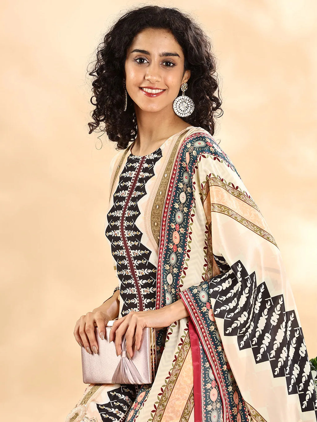 Yufta Cream And Black Pure Silk Sequins Work Straight Kurta Dupatta Pant Set | Grocsy