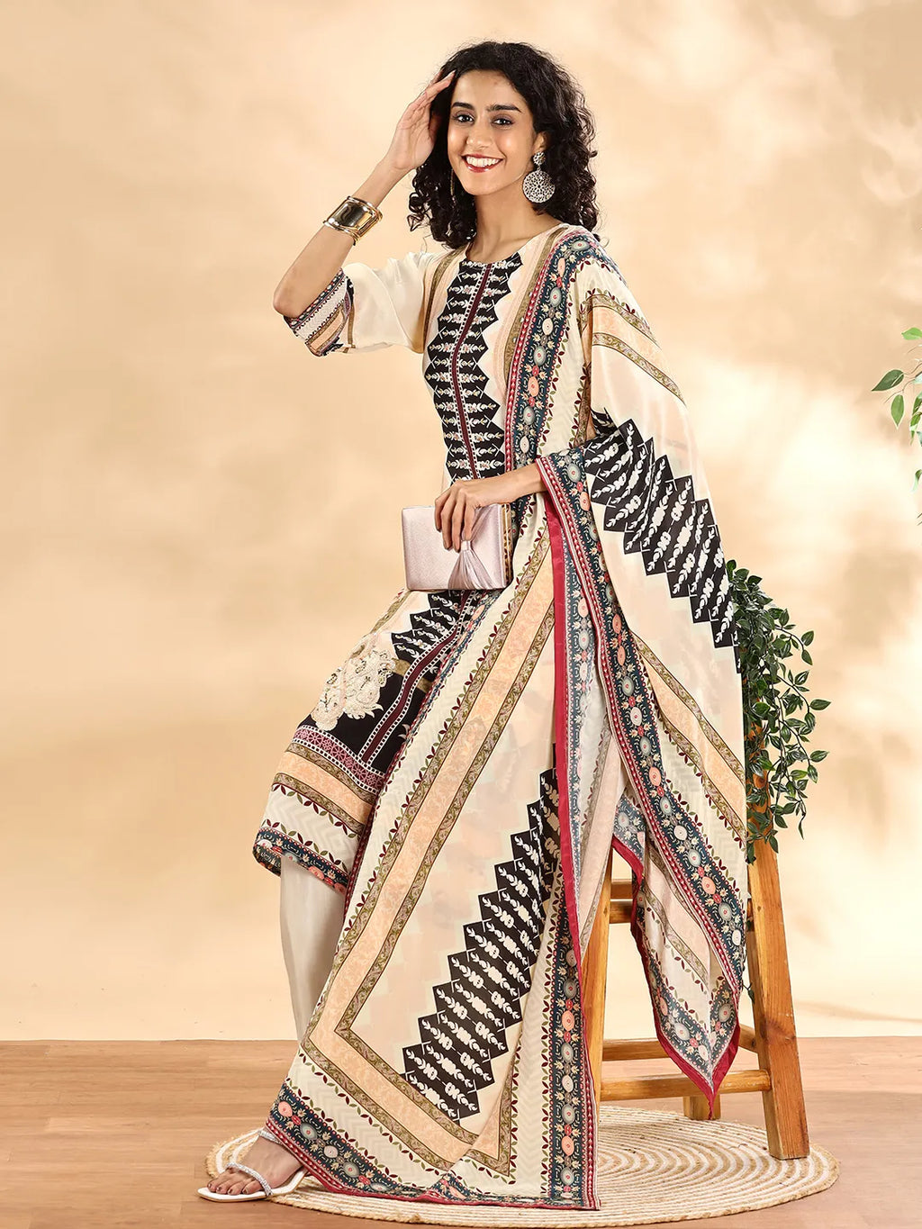 Yufta Cream And Black Pure Silk Sequins Work Straight Kurta Dupatta Pant Set | Grocsy