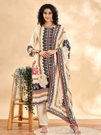 Yufta Cream And Black Pure Silk Sequins Work Straight Kurta Dupatta Pant Set | Grocsy