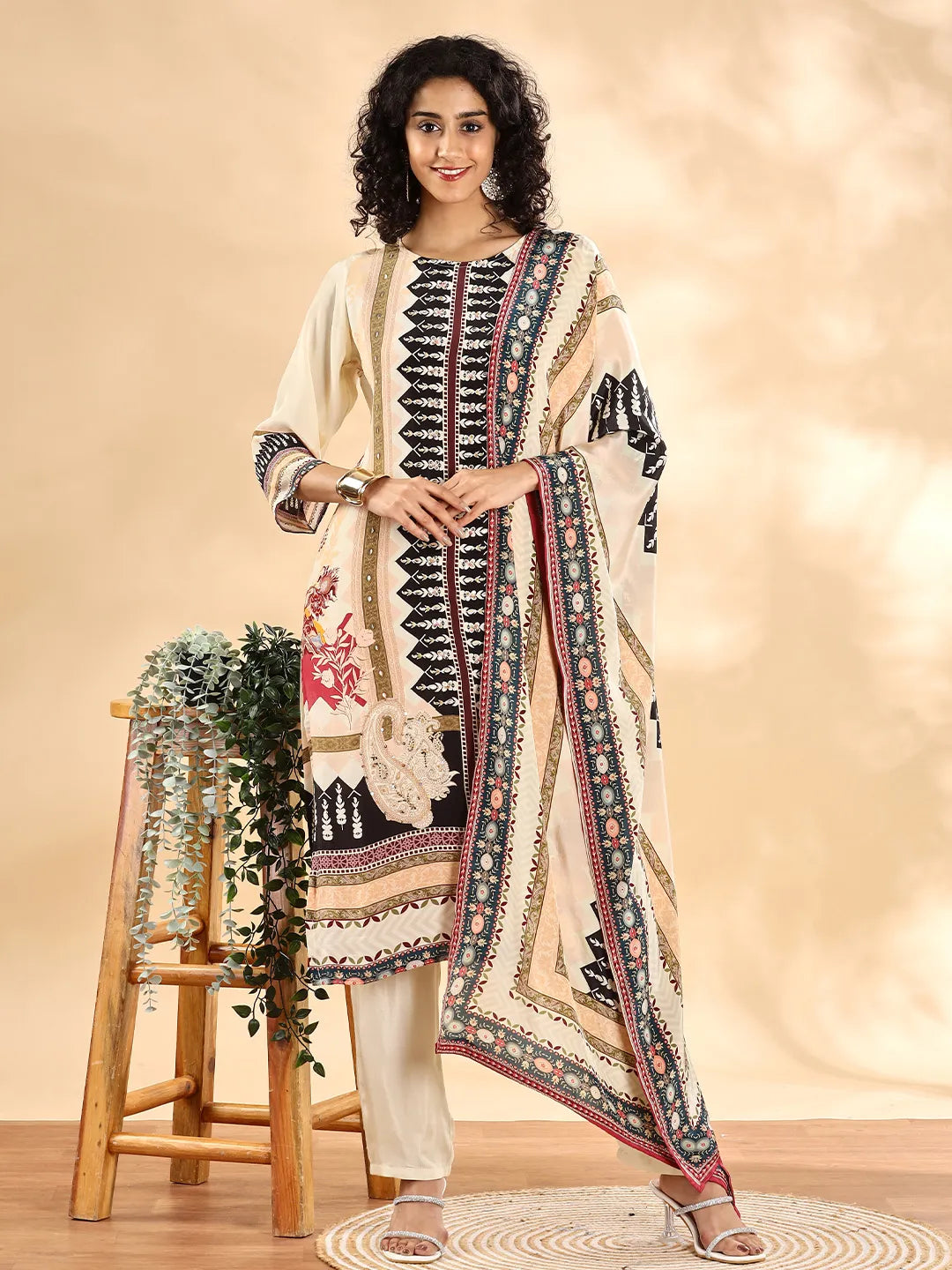 Yufta Cream And Black Pure Silk Sequins Work Straight Kurta Dupatta Pant Set | Grocsy