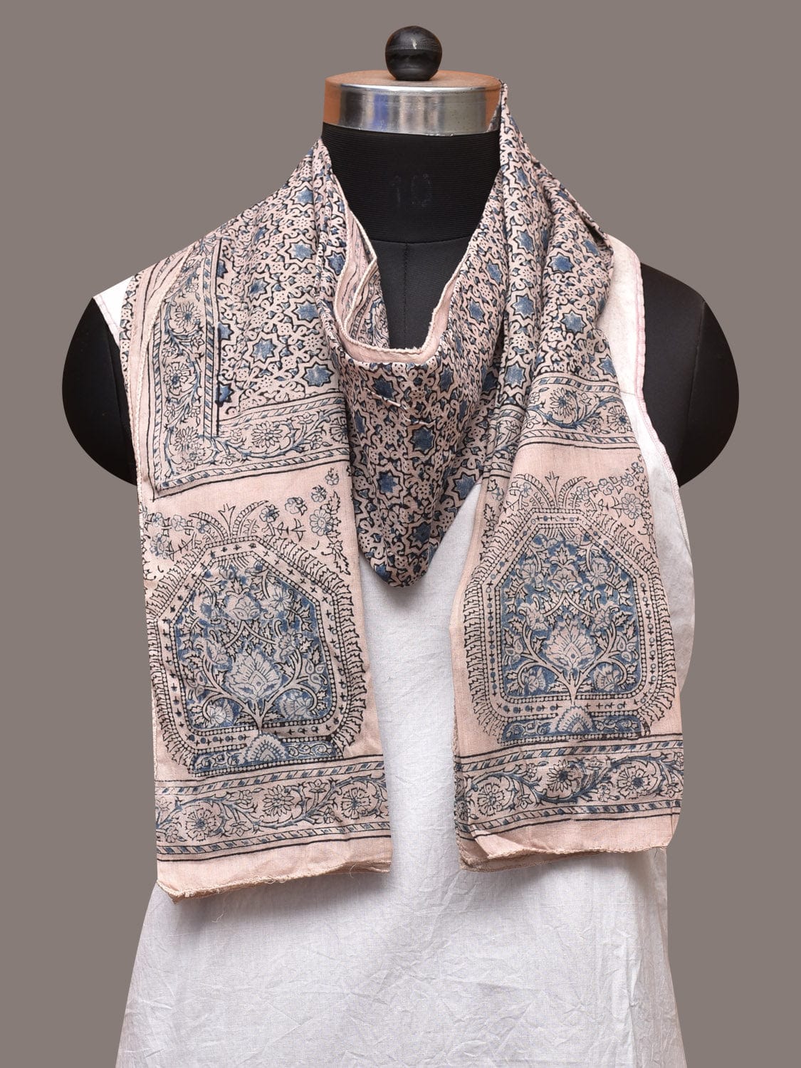 Cream and Blue Kalamkari Block Print Cotton Silk Stole with Geometric Design - Global Threads | Grocsy