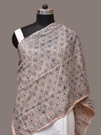 Cream and Blue Kalamkari Block Print Cotton Silk Stole with Geometric Design - Global Threads | Grocsy