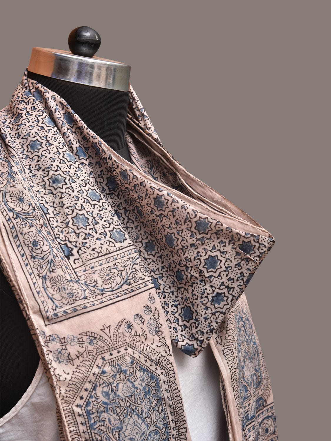 Cream and Blue Kalamkari Block Print Cotton Silk Stole with Geometric Design - Global Threads | Grocsy