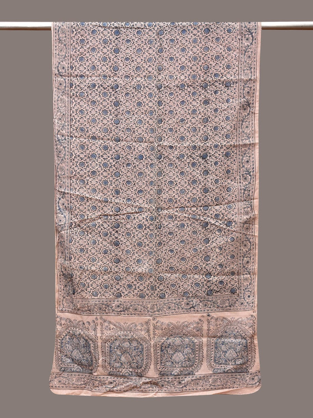 Cream and Blue Kalamkari Block Print Cotton Silk Stole with Geometric Design - Global Threads | Grocsy