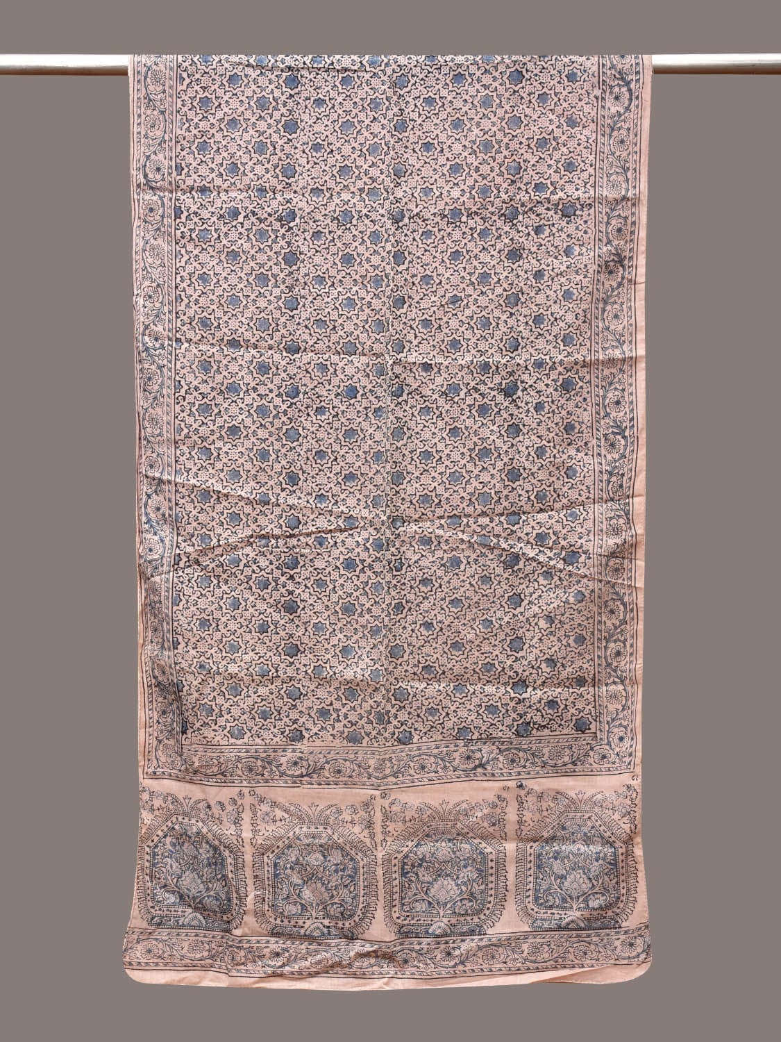 Cream and Blue Kalamkari Block Print Cotton Silk Stole with Geometric Design - Global Threads | Grocsy