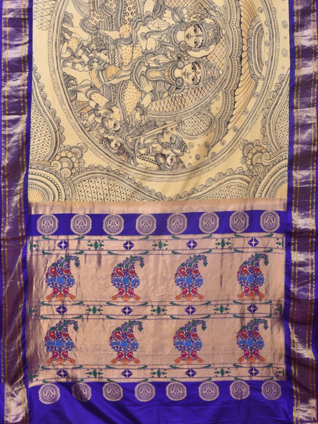 Cream and Blue Kalamkari Hand Painted Paithani Silk Handloom Saree with Ramayana Design - Global Threads | Grocsy