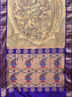 Cream and Blue Kalamkari Hand Painted Paithani Silk Handloom Saree with Ramayana Design - Global Threads | Grocsy