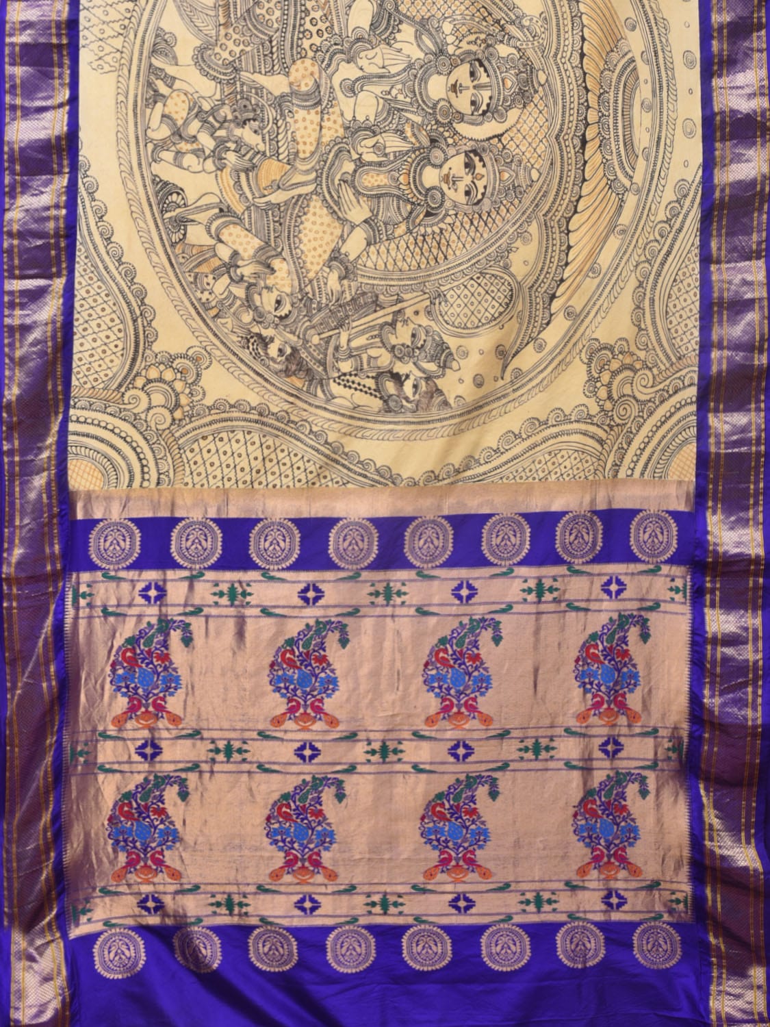 Cream and Blue Kalamkari Hand Painted Paithani Silk Handloom Saree with Ramayana Design - Global Threads | Grocsy