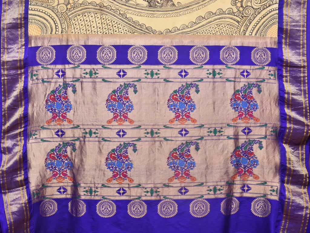 Cream and Blue Kalamkari Hand Painted Paithani Silk Handloom Saree with Ramayana Design - Global Threads | Grocsy