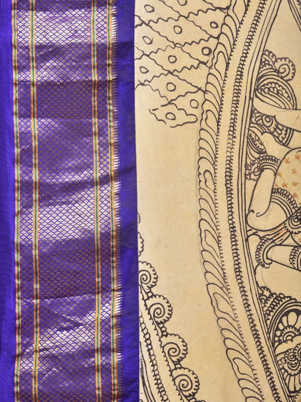 Cream and Blue Kalamkari Hand Painted Paithani Silk Handloom Saree with Ramayana Design - Global Threads | Grocsy