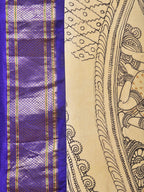 Cream and Blue Kalamkari Hand Painted Paithani Silk Handloom Saree with Ramayana Design - Global Threads | Grocsy