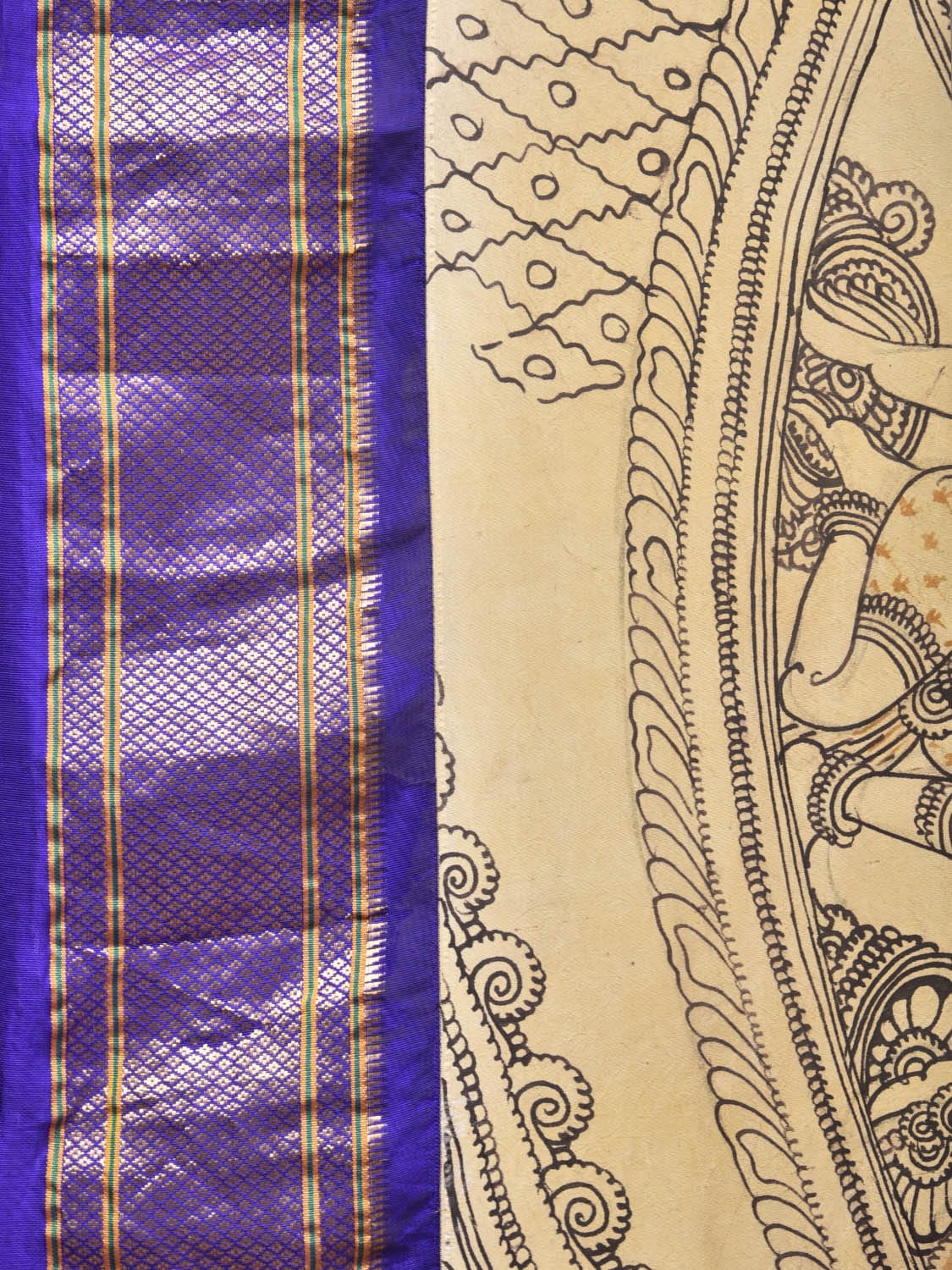 Cream and Blue Kalamkari Hand Painted Paithani Silk Handloom Saree with Ramayana Design - Global Threads | Grocsy