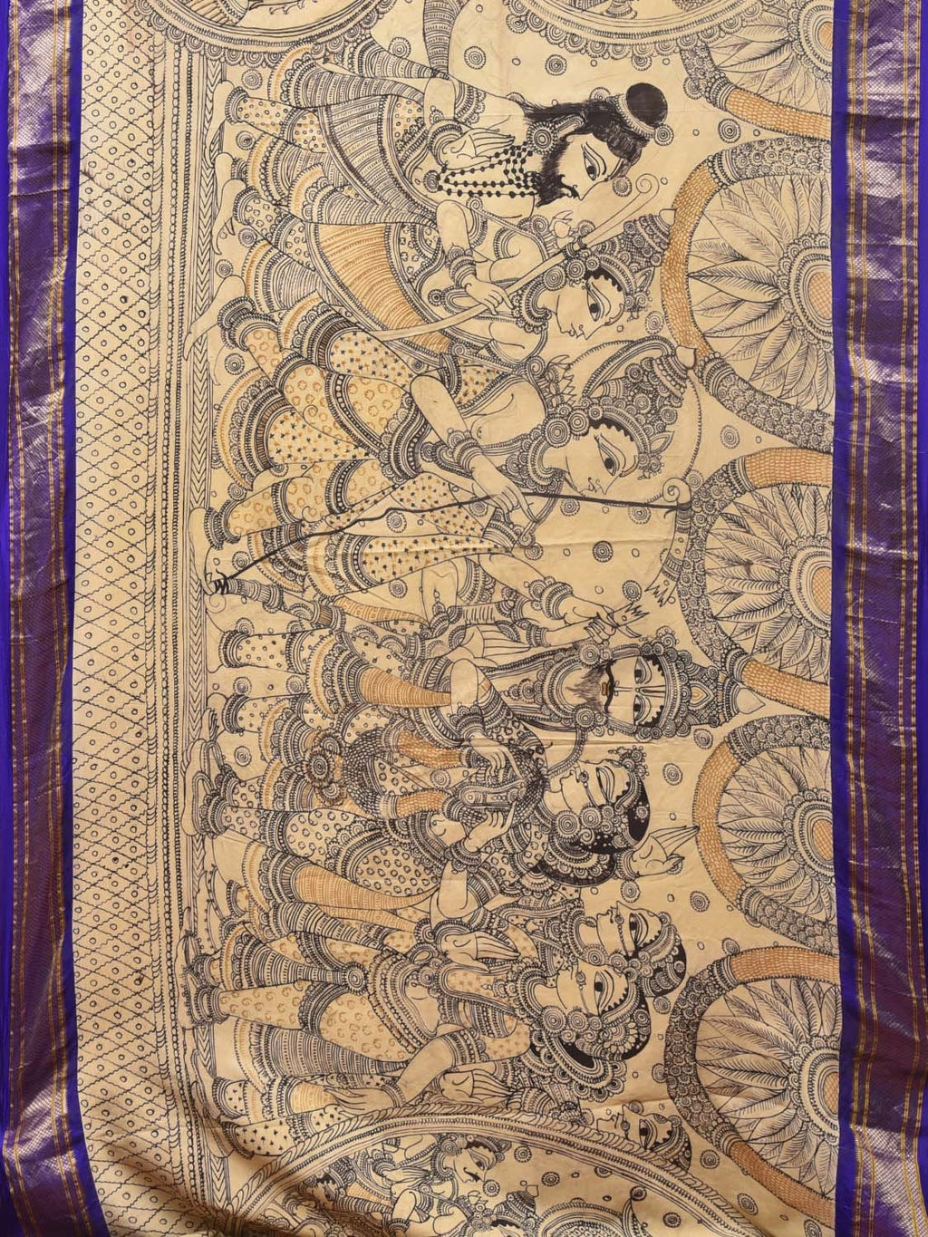 Cream and Blue Kalamkari Hand Painted Paithani Silk Handloom Saree with Ramayana Design - Global Threads | Grocsy