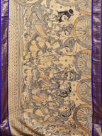 Cream and Blue Kalamkari Hand Painted Paithani Silk Handloom Saree with Ramayana Design - Global Threads | Grocsy