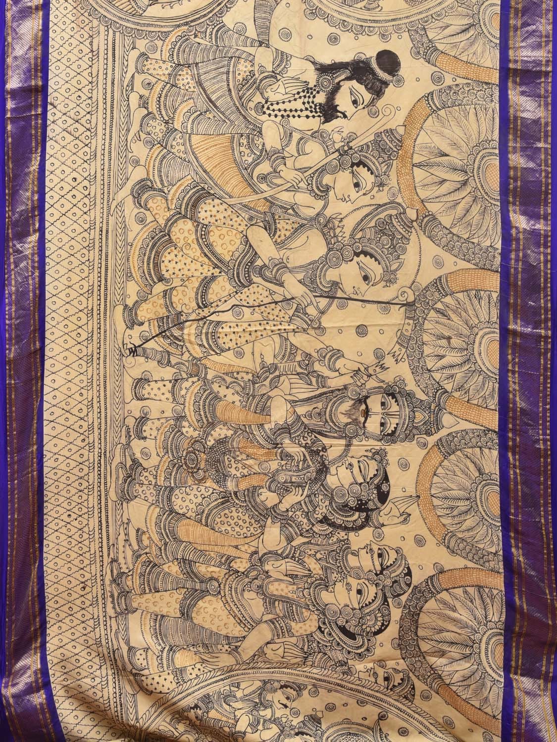 Cream and Blue Kalamkari Hand Painted Paithani Silk Handloom Saree with Ramayana Design - Global Threads | Grocsy