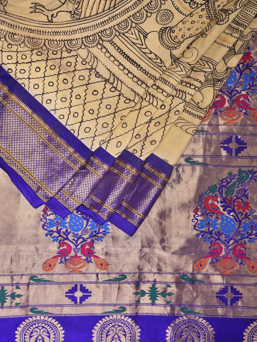 Cream and Blue Kalamkari Hand Painted Paithani Silk Handloom Saree with Ramayana Design - Global Threads | Grocsy