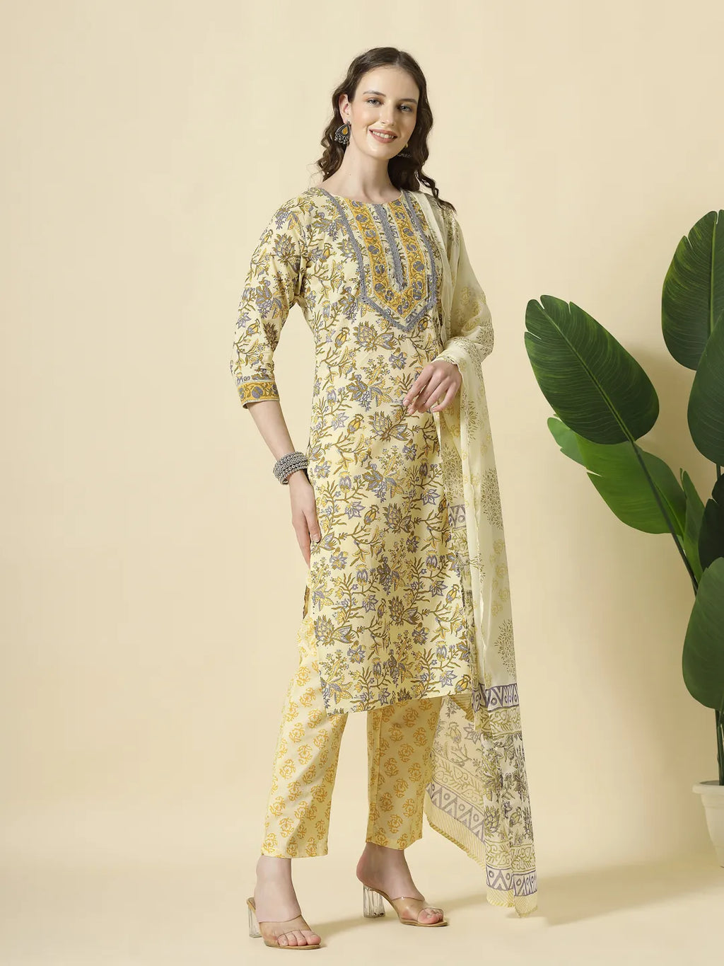 Yufta Cream And Brown Cotton Sequins Work Kurta Set With Pant & Dupatta | Grocsy