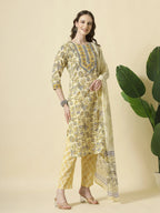 Yufta Cream And Brown Cotton Sequins Work Kurta Set With Pant & Dupatta | Grocsy