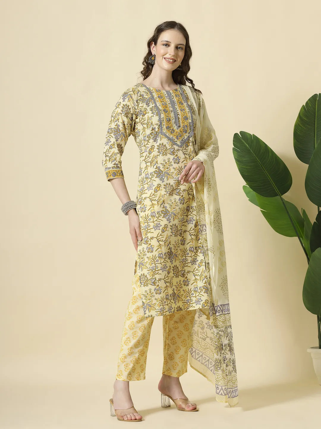 Yufta Cream And Brown Cotton Sequins Work Kurta Set With Pant & Dupatta | Grocsy