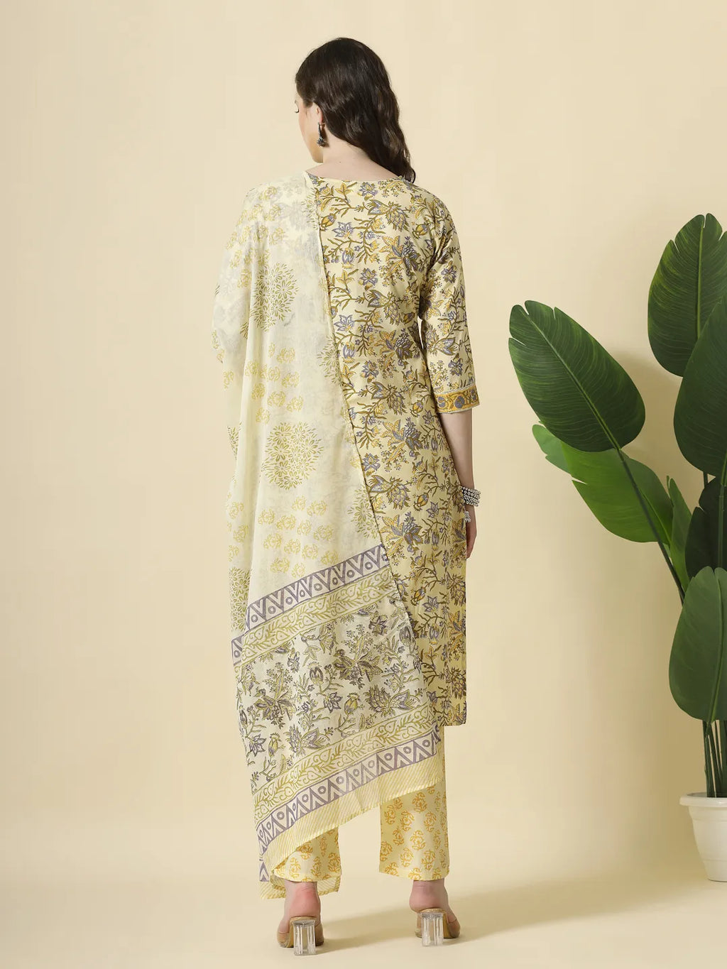 Yufta Cream And Brown Cotton Sequins Work Kurta Set With Pant & Dupatta | Grocsy