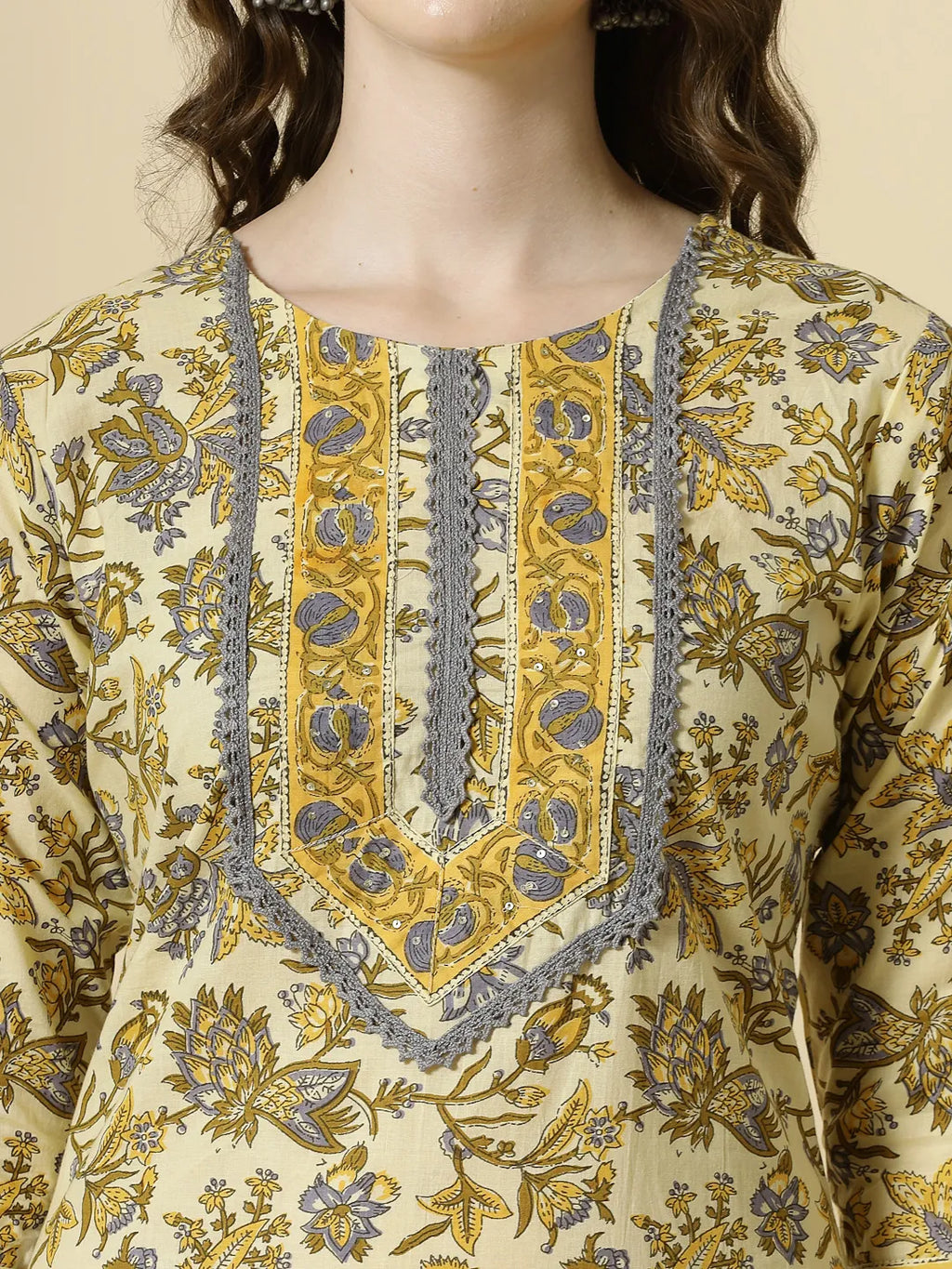 Yufta Cream And Brown Cotton Sequins Work Kurta Set With Pant & Dupatta | Grocsy