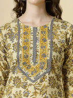 Yufta Cream And Brown Cotton Sequins Work Kurta Set With Pant & Dupatta | Grocsy