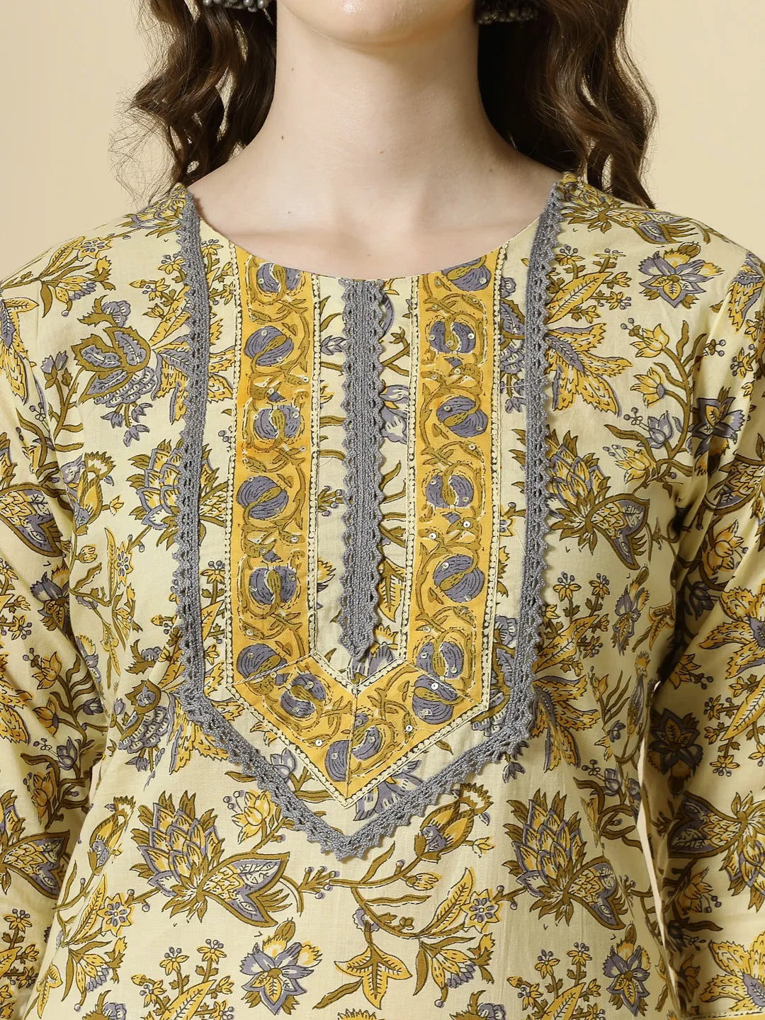 Yufta Cream And Brown Cotton Sequins Work Kurta Set With Pant & Dupatta | Grocsy