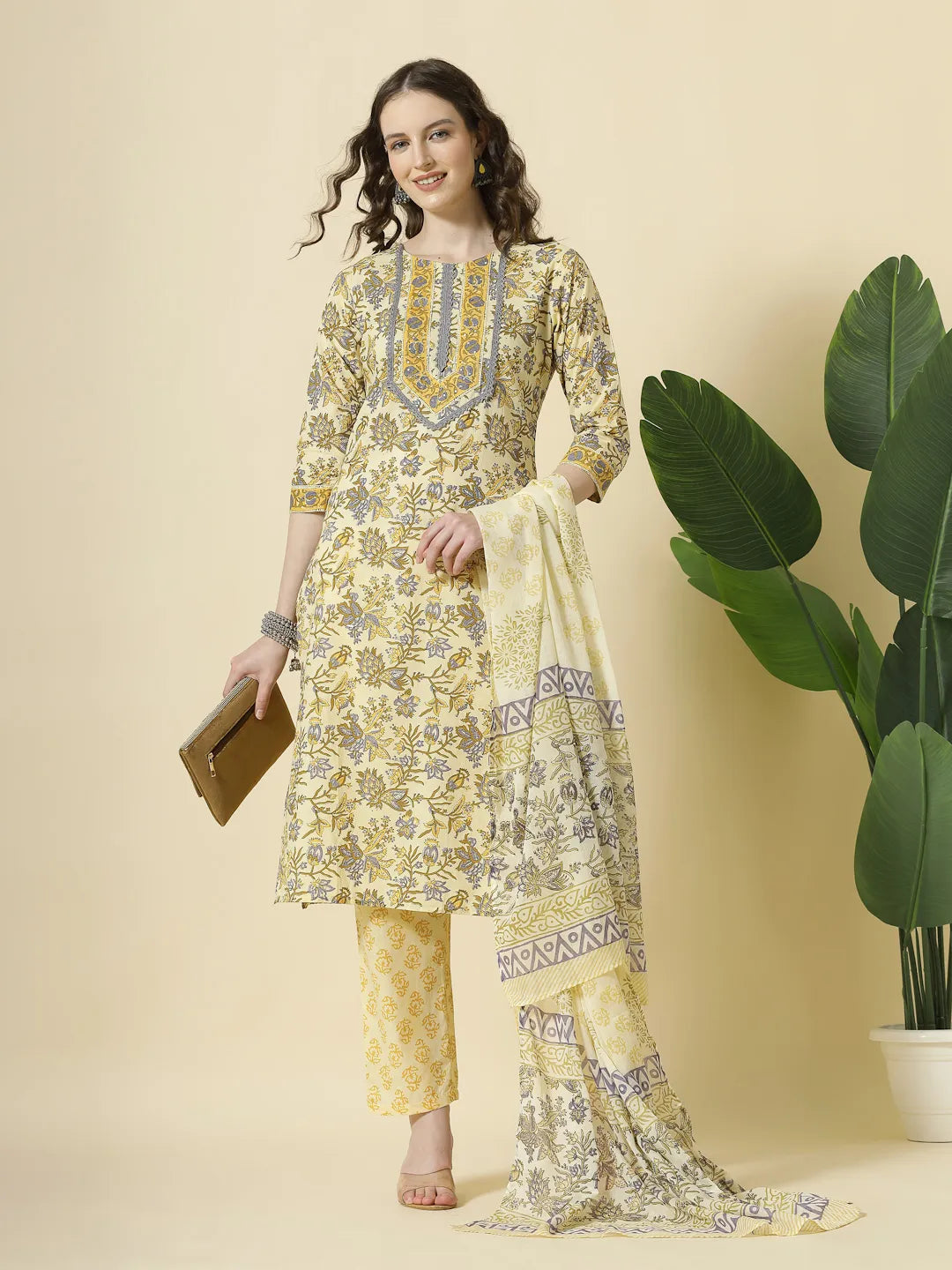 Yufta Cream And Brown Cotton Sequins Work Kurta Set With Pant & Dupatta | Grocsy