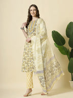 Yufta Cream And Brown Cotton Sequins Work Kurta Set With Pant & Dupatta | Grocsy