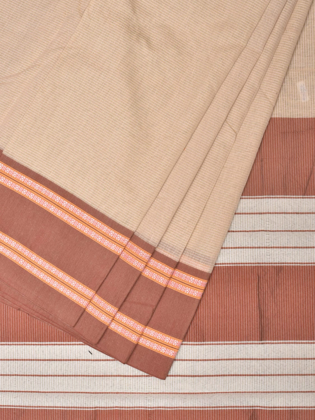 Cream and Fawn Bamboo Cotton Saree with Strips Design No Blouse - Global Threads | Grocsy