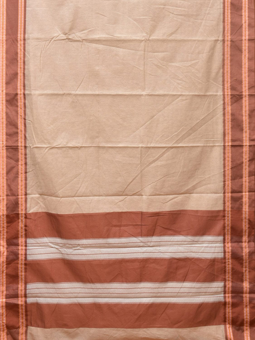 Cream and Fawn Bamboo Cotton Saree with Strips Design No Blouse - Global Threads | Grocsy