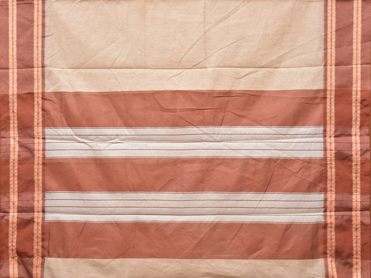 Cream and Fawn Bamboo Cotton Saree with Strips Design No Blouse - Global Threads | Grocsy