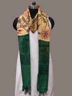 Cream and Green Kalamkari Hand Painted Cotton Silk Handloom Dupatta with Floral and Embroidery Design - Global Threads | Grocsy