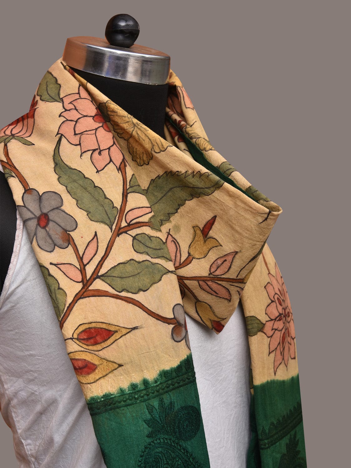 Cream and Green Kalamkari Hand Painted Cotton Silk Handloom Dupatta with Floral and Embroidery Design - Global Threads | Grocsy