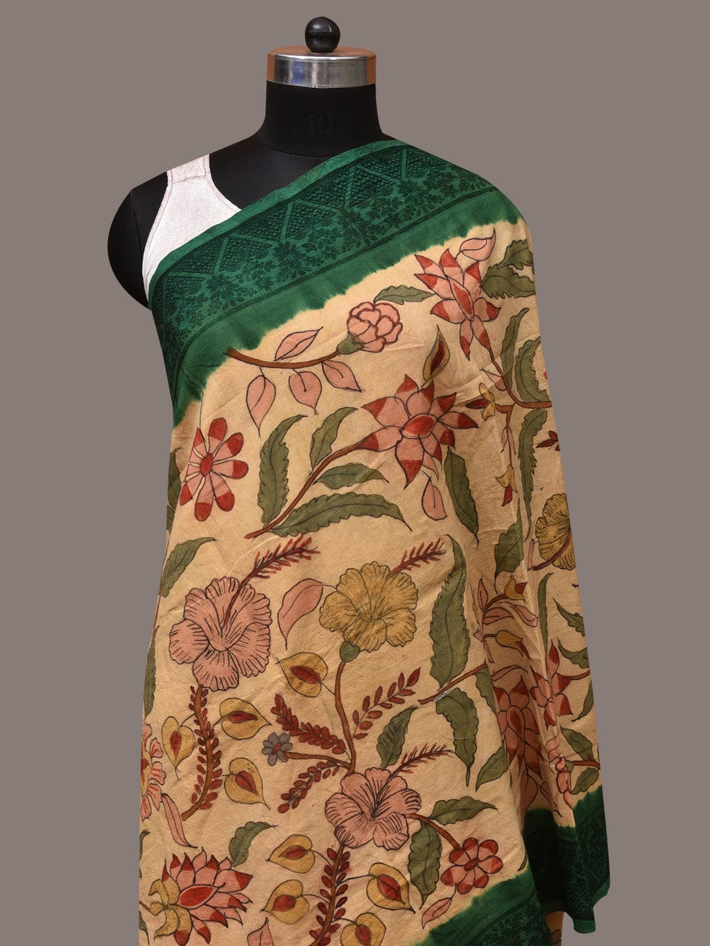 Cream and Green Kalamkari Hand Painted Cotton Silk Handloom Dupatta with Floral and Embroidery Design - Global Threads | Grocsy