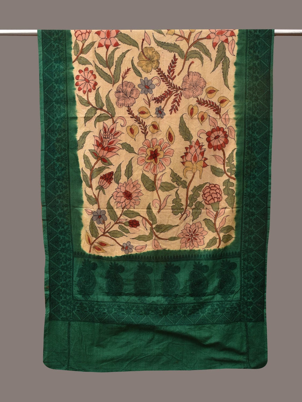 Cream and Green Kalamkari Hand Painted Cotton Silk Handloom Dupatta with Floral and Embroidery Design - Global Threads | Grocsy