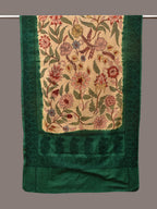 Cream and Green Kalamkari Hand Painted Cotton Silk Handloom Dupatta with Floral and Embroidery Design - Global Threads | Grocsy