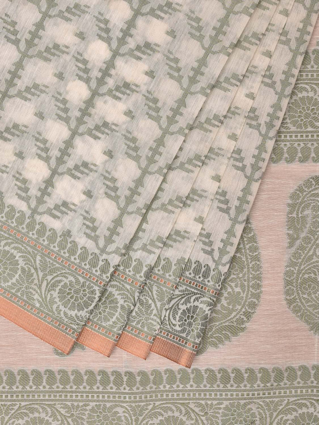 Cream and Light Green Cut Work Sico Cotton Saree with All Over and Border Design - Global Threads | Grocsy