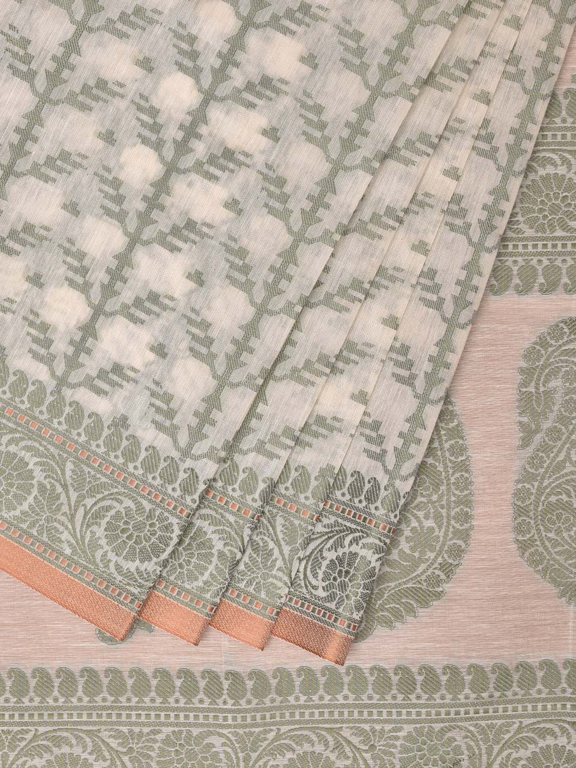 Cream and Light Green Cut Work Sico Cotton Saree with All Over and Border Design - Global Threads | Grocsy