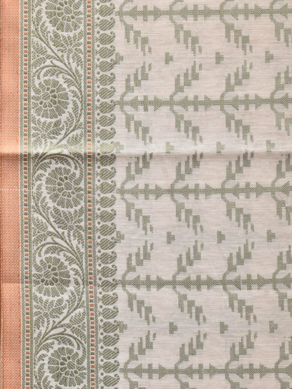 Cream and Light Green Cut Work Sico Cotton Saree with All Over and Border Design - Global Threads | Grocsy